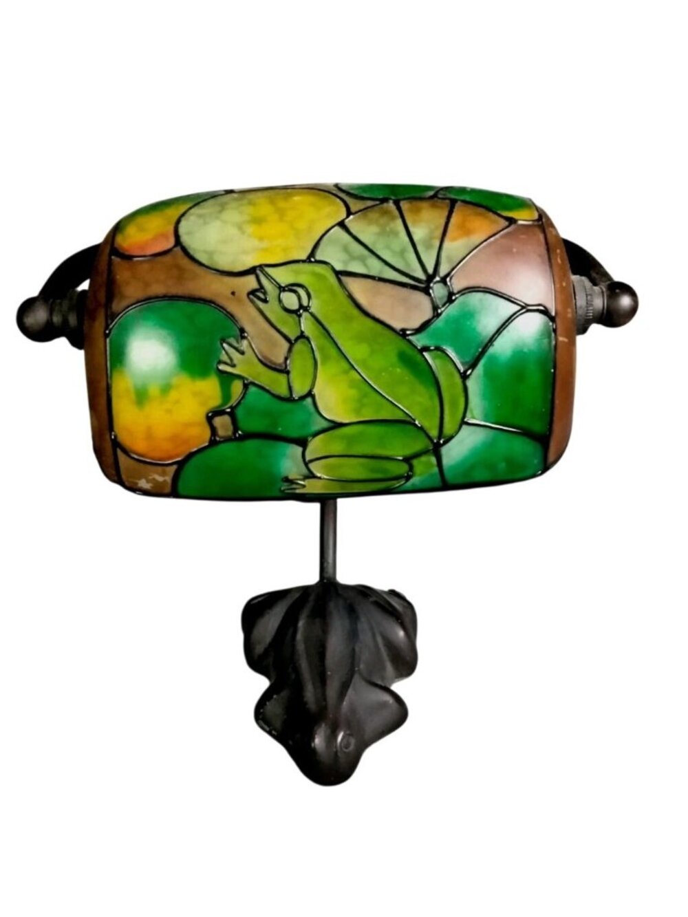 Tiffany Style Boudoir Frog Stained Glass Metal Adjustable Table Bankers Lamp